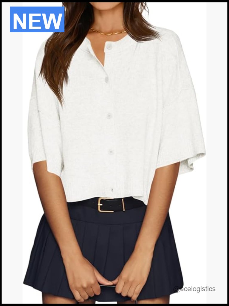 Womens Half Sleeve Cropped Button Down Cardigan Sweater Oversized Lightweight